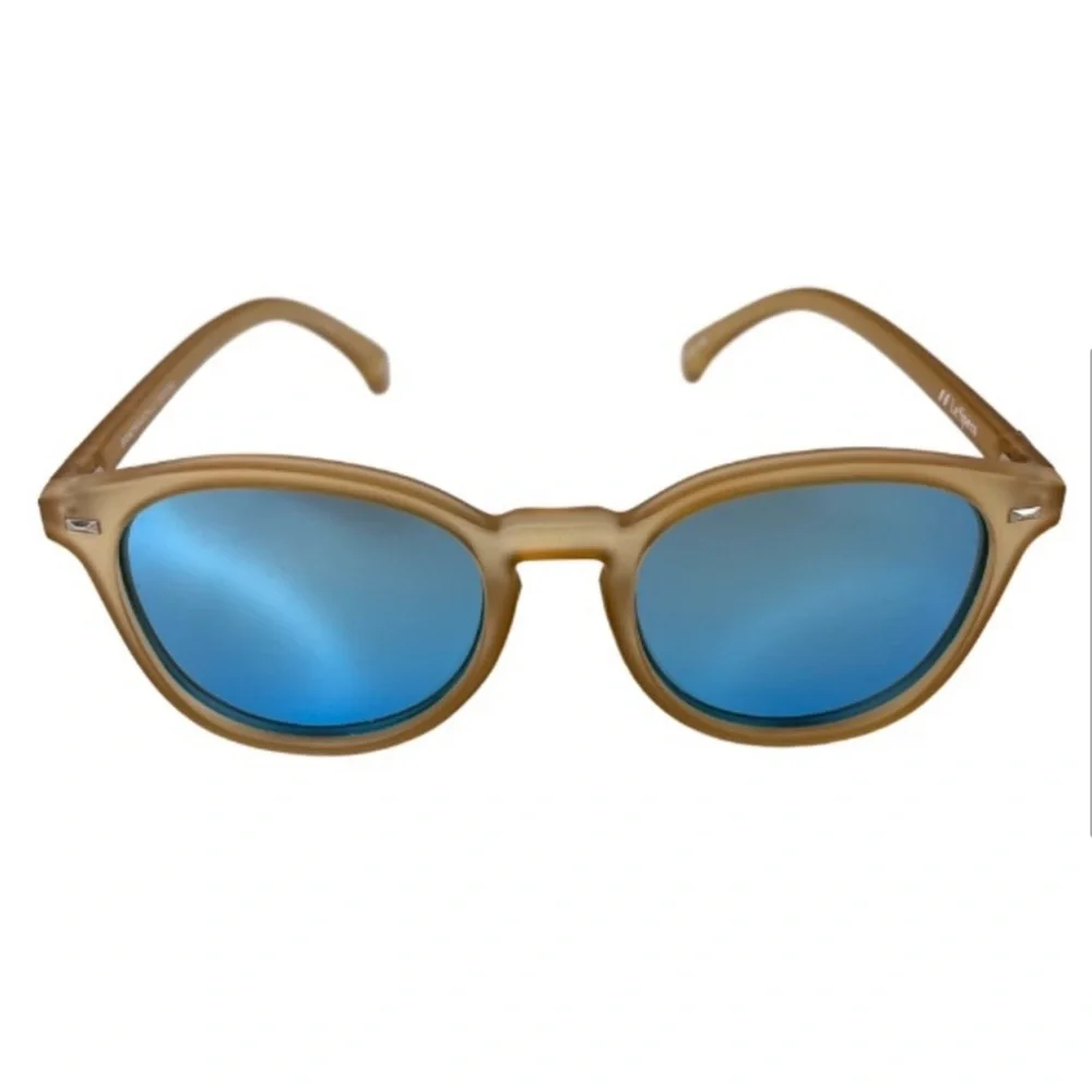 LE SPECS Bandwagon Sunglasses NEW Raw Sugar Frame With Blue Mirror Lens